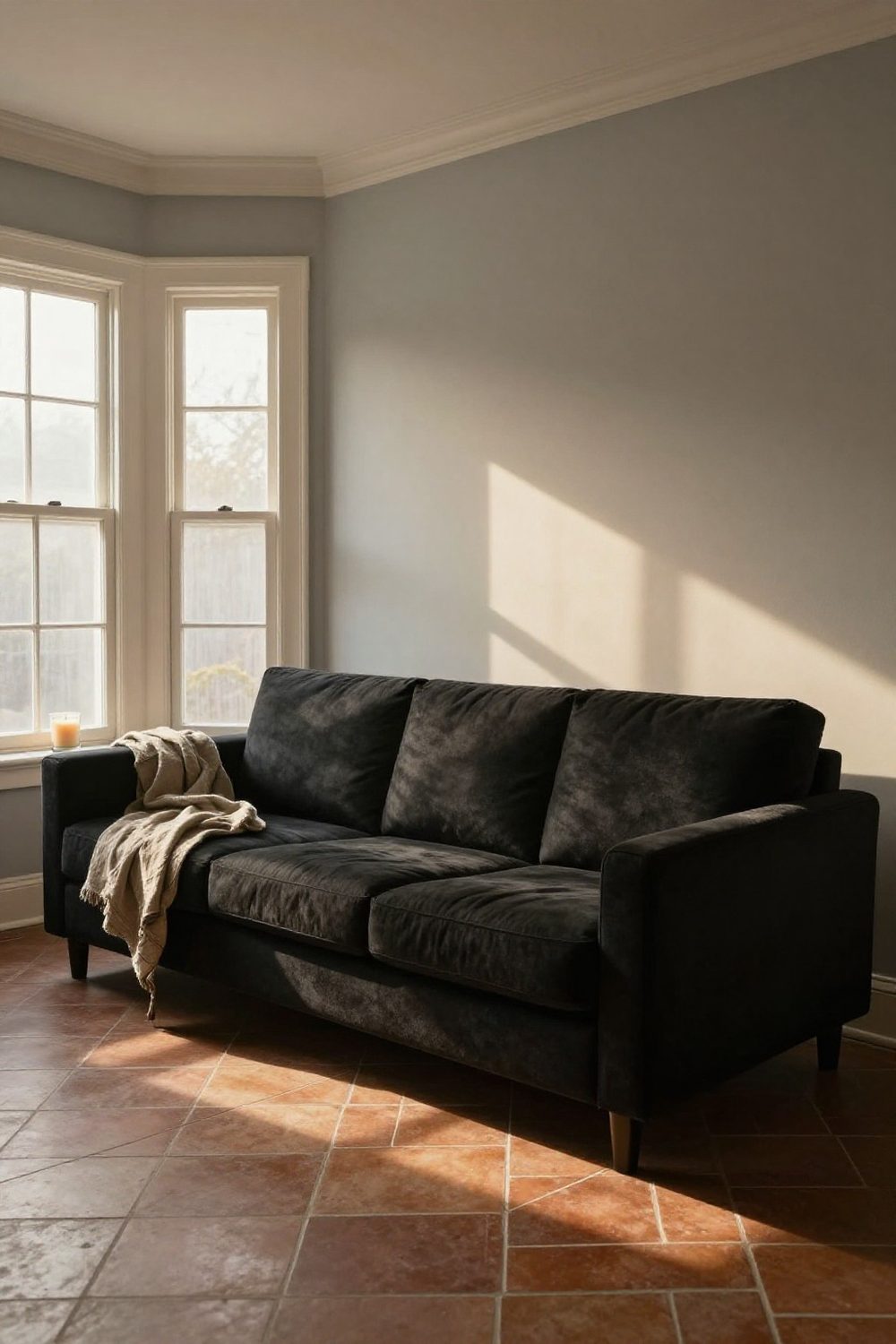 Black couch in a living room with a light grey wall and white trim