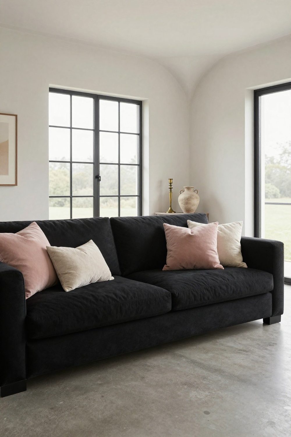 Black sofa with blush pink and cream pillows in a feminine living room