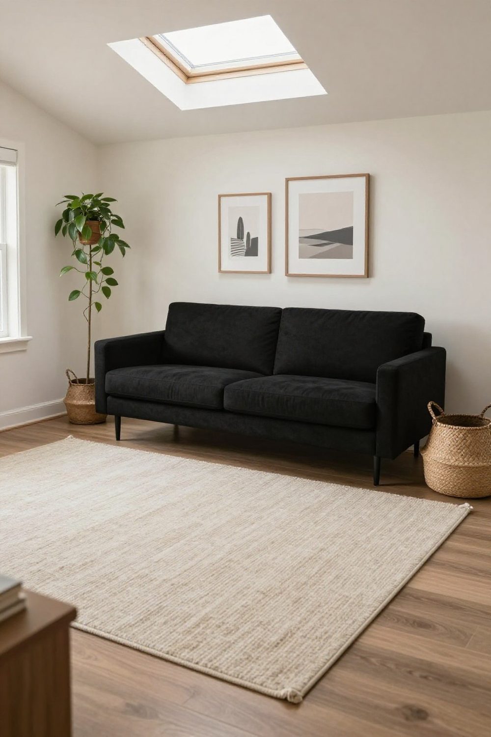 Small living room with a black loveseat on slim legs against a light wall with simple art