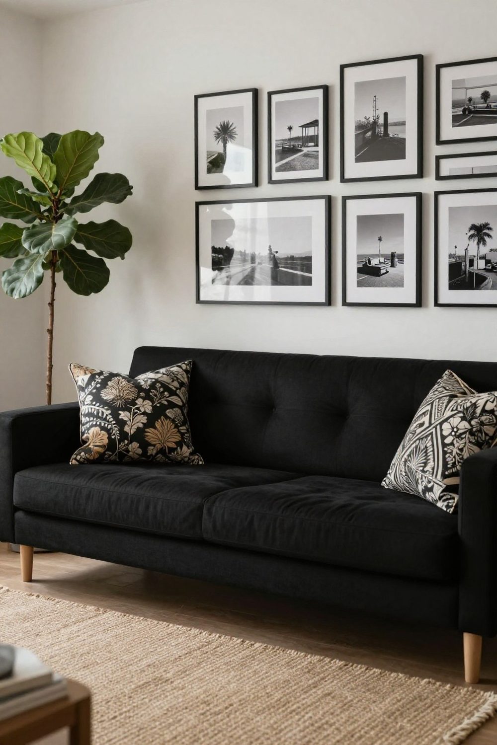 Black sofa with a gallery wall of black and white photographs in thin black frames