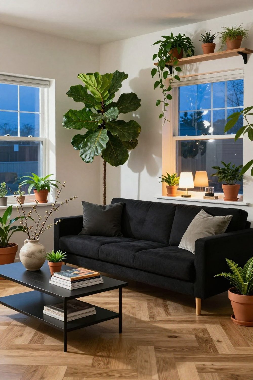 Black couch with many green plants around it in a bright living room