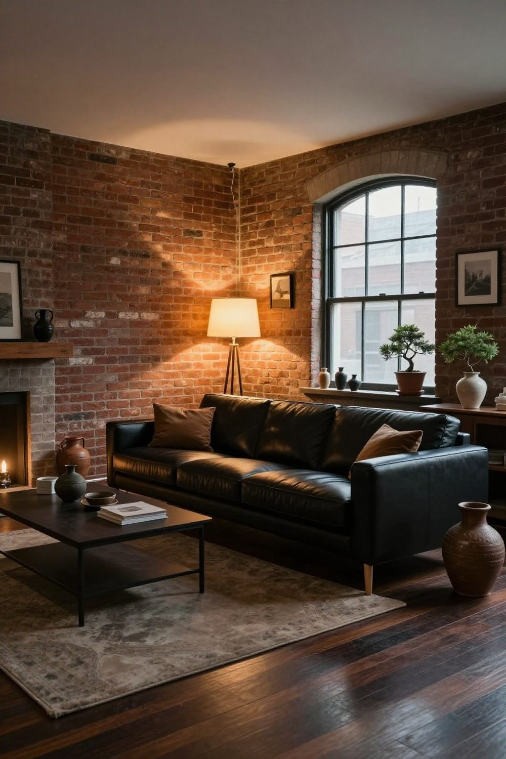 Industrial loft living room with black leather sofa and exposed brick wall