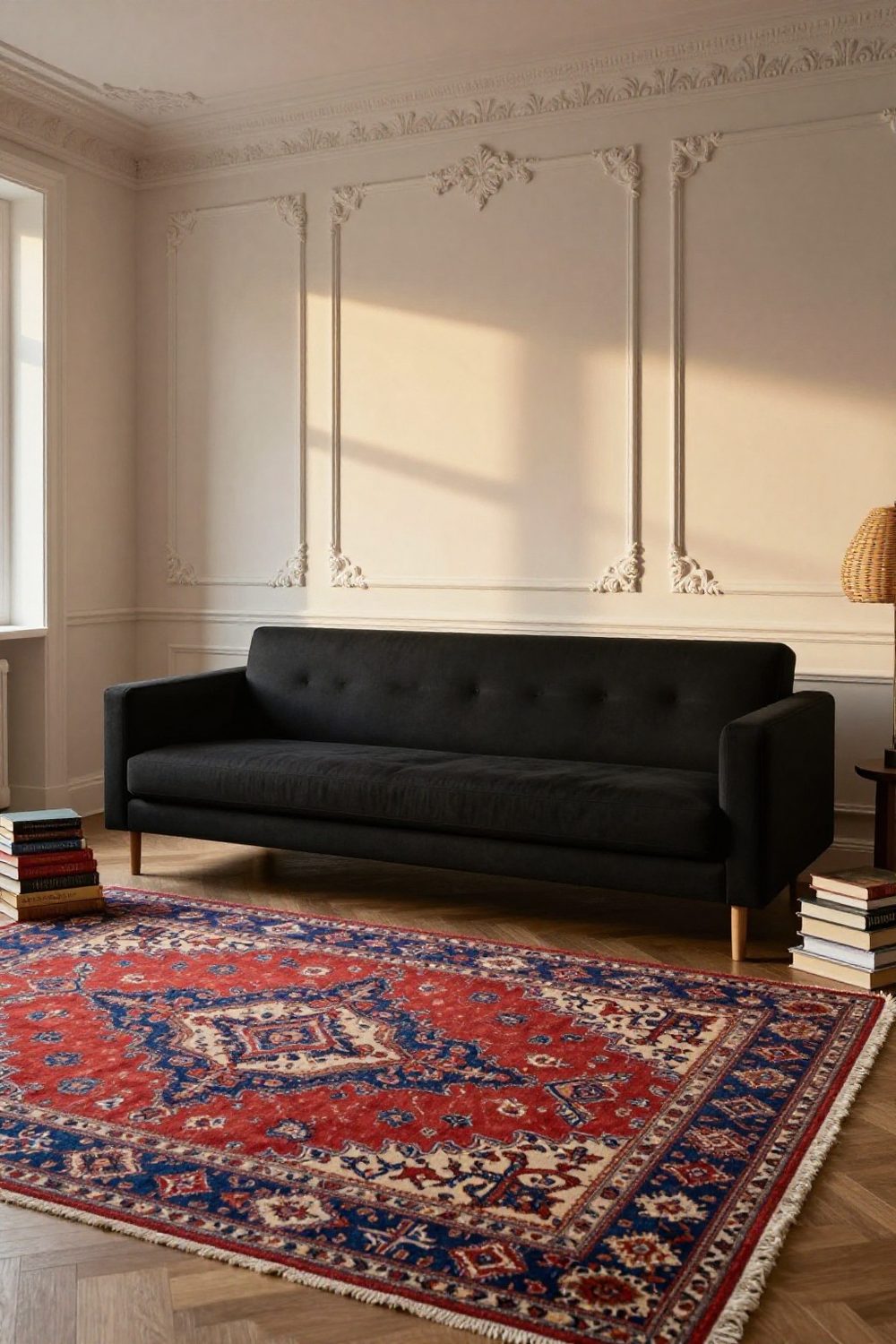 Black sofa with a colorful vintage Persian rug in reds and blues
