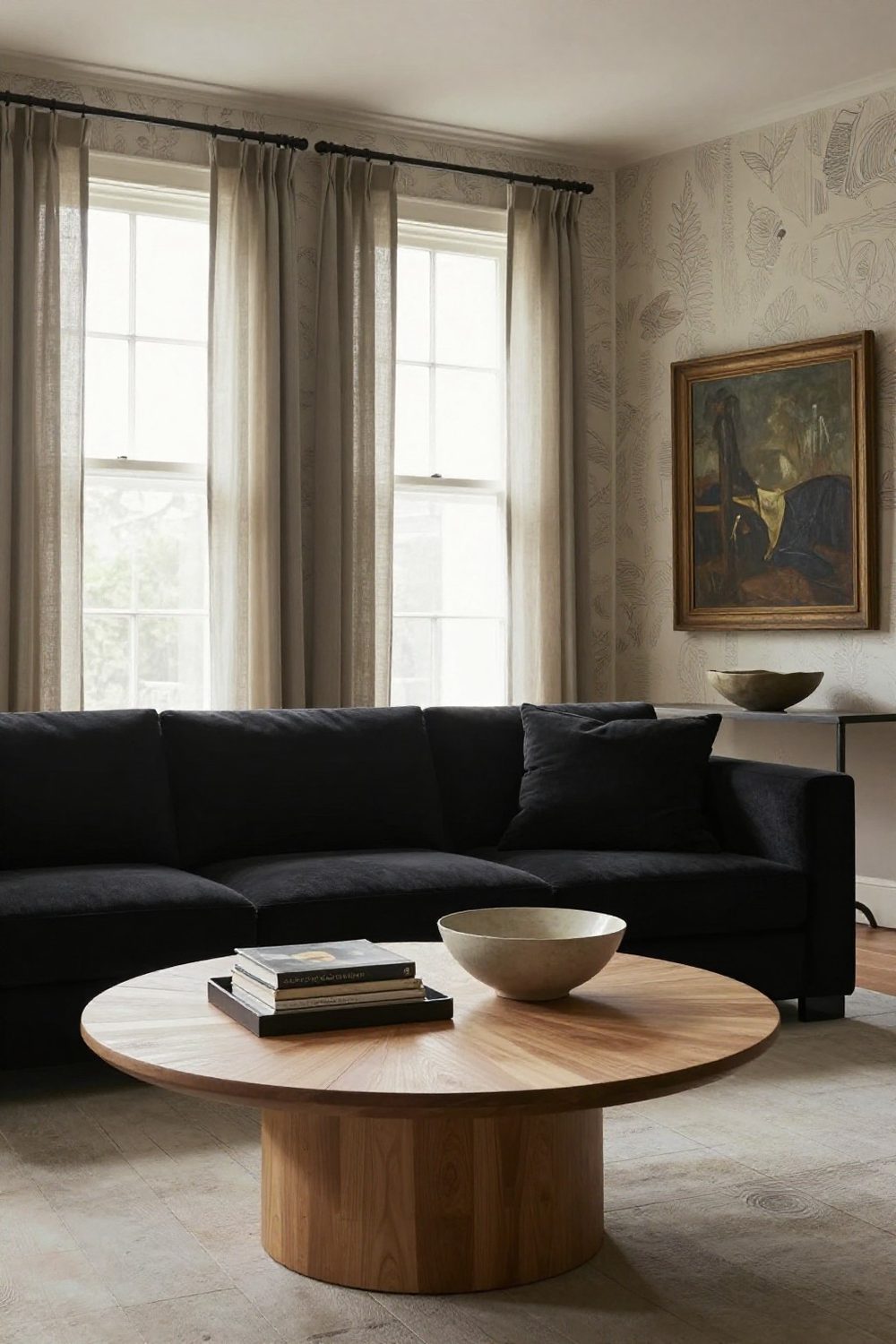 Black couch with a light wood round coffee table and a tray of books and a vase