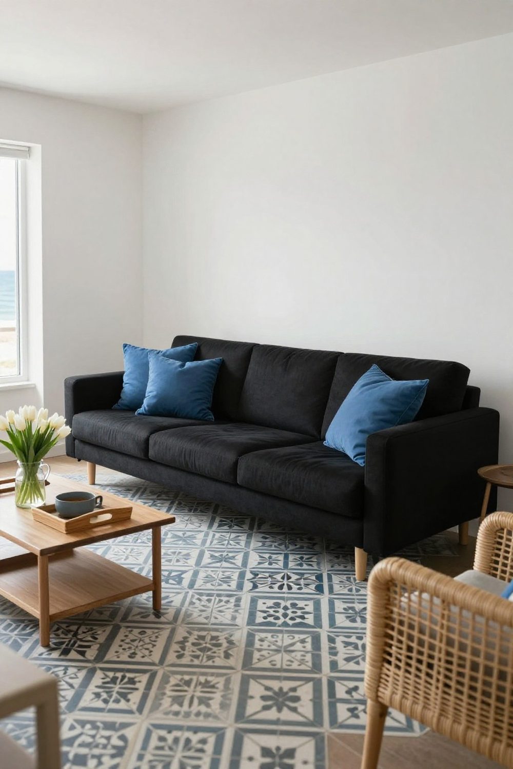 Black sofa in a coastal living room with white walls, blue pillows and natural rattan