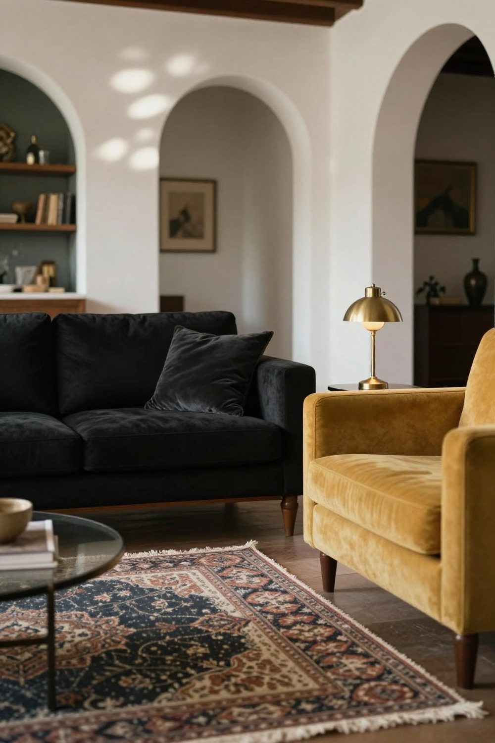 Black couch with a mustard yellow armchair beside it