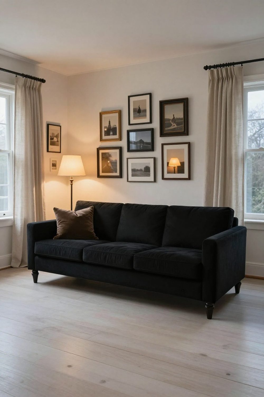 Black sofa with linen curtains in natural color and soft daylight