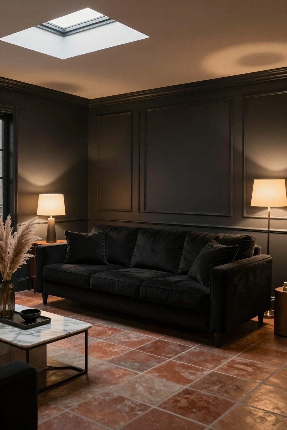 Black sofa in a living room with dark charcoal walls and warm lamplight, tone on tone