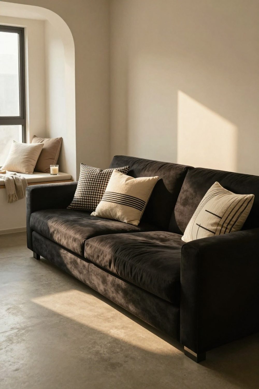 Black couch with checkered and striped pillows in cream and black