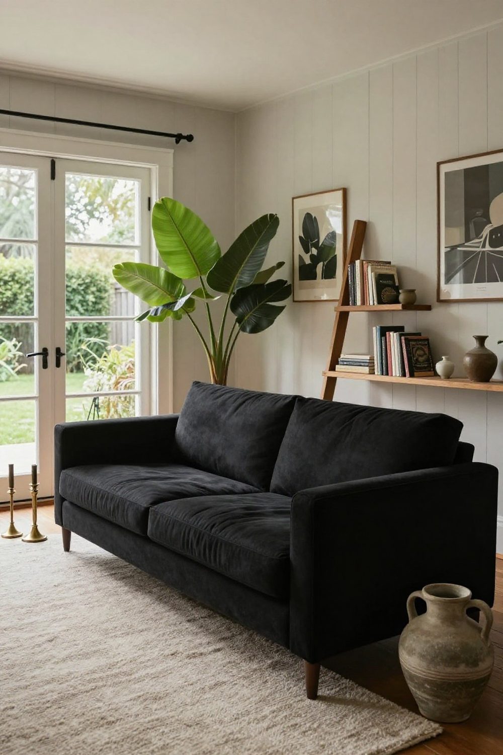 Black sofa with a large leafy plant and a wooden ladder bookshelf beside it