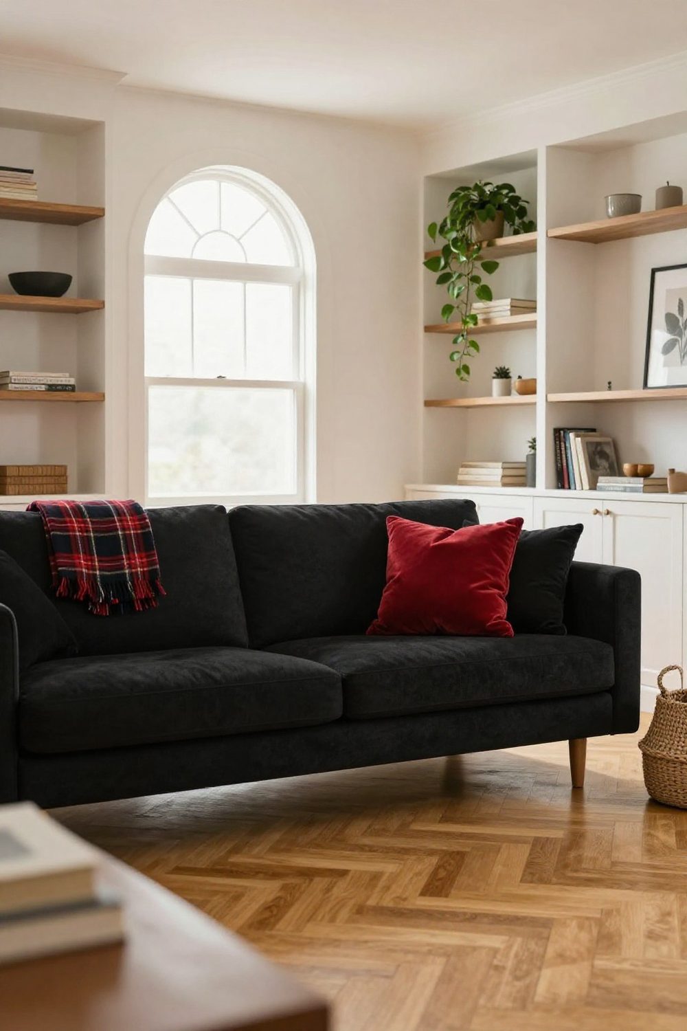 Black couch with a red velvet pillow and a plaid throw in a cozy winter living room