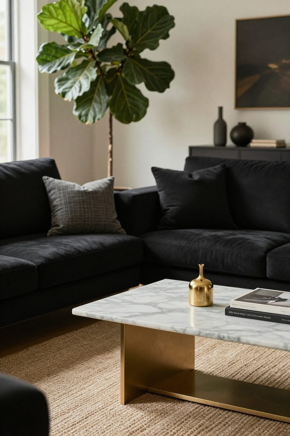 Elegant living room with a black sofa, marble coffee table and gold accents