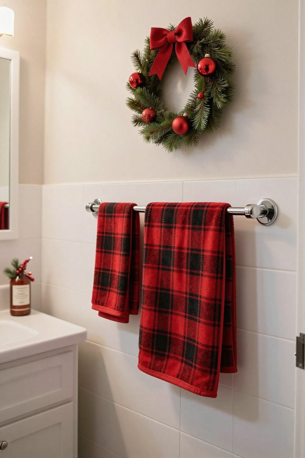 Bathroom with Christmas hand towels in red plaid on a towel bar and a small wreath above
