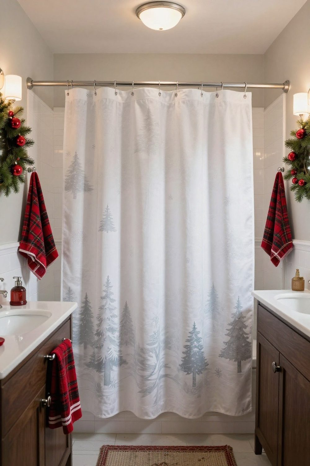 Christmas shower curtain with a subtle winter pattern in a decorated bathroom