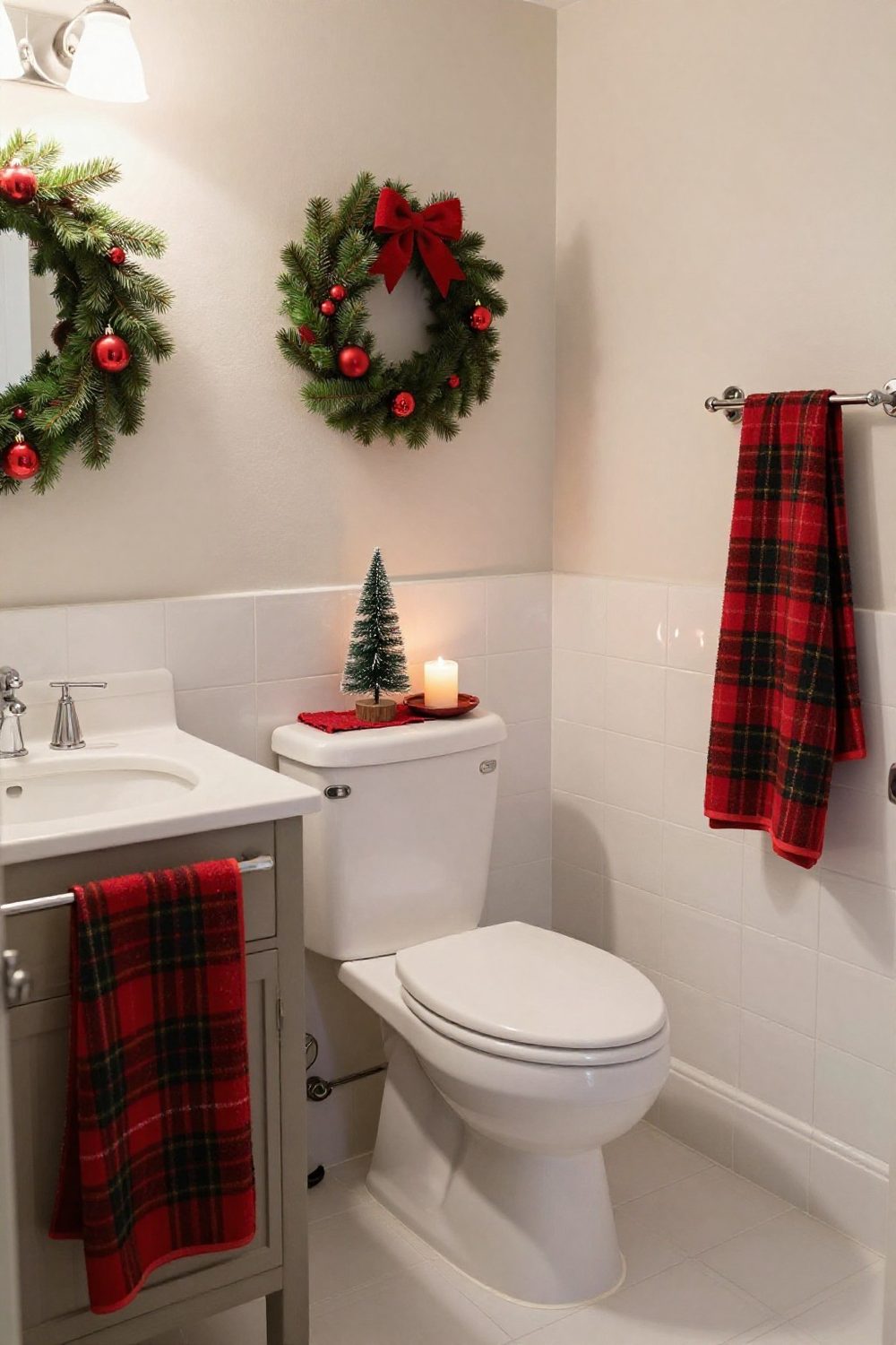Toilet tank top styled with a mini Christmas tree, a candle and a small dish
