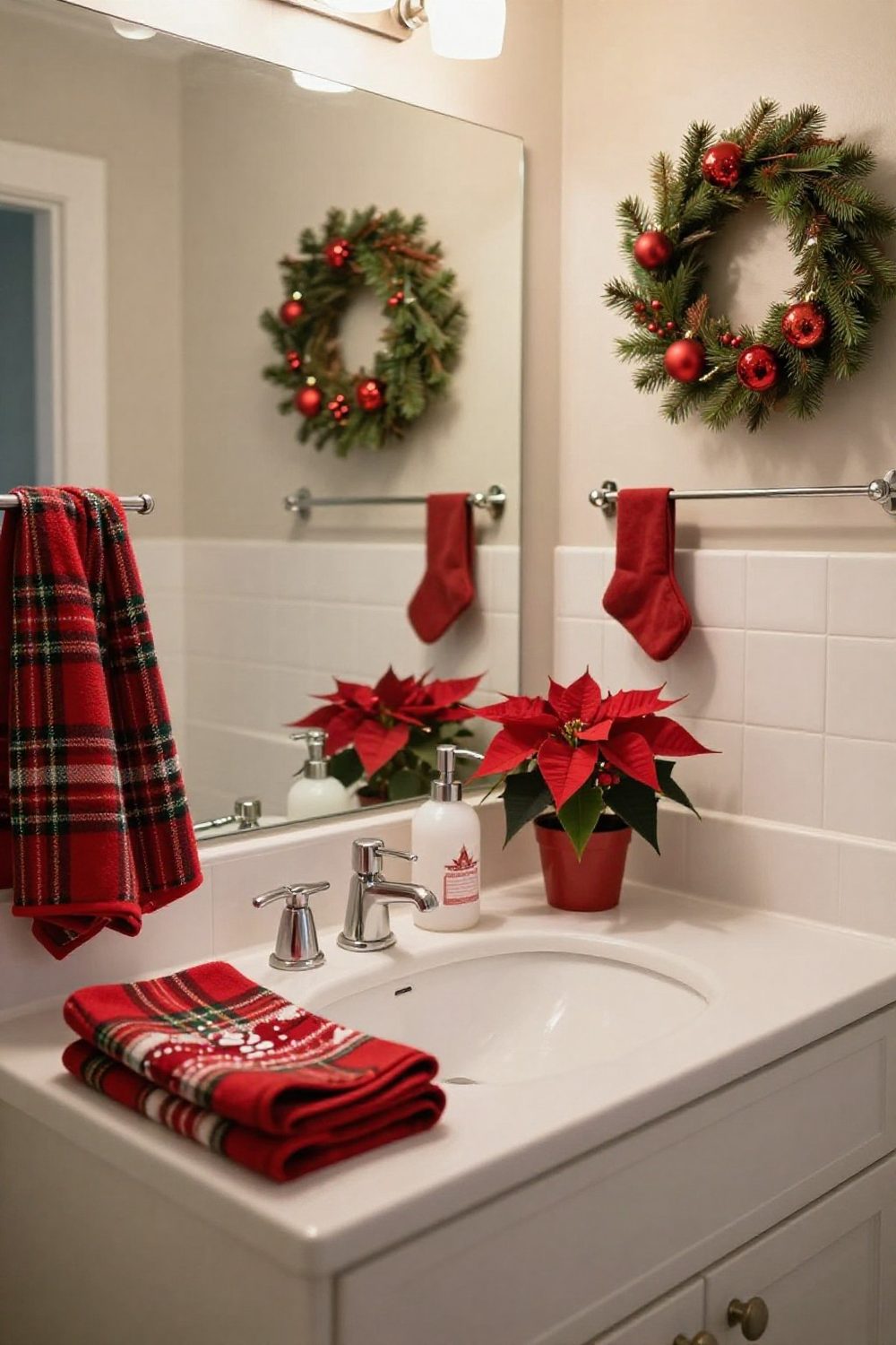 Bathroom vanity with a pump soap dispenser, a small poinsettia and holiday hand towel