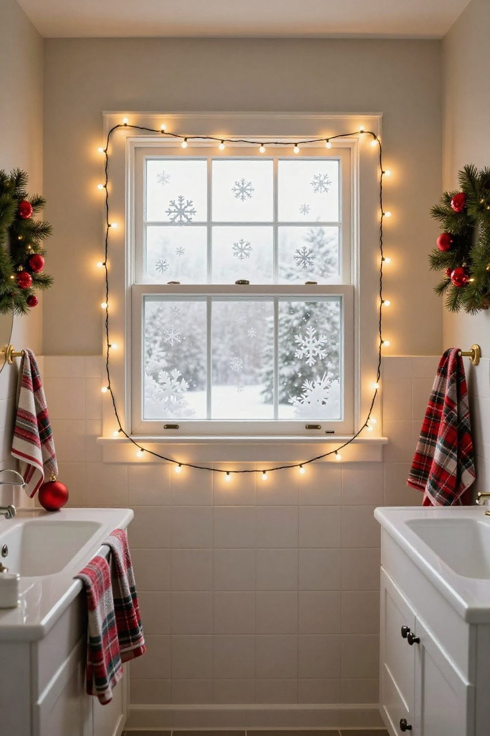 Battery fairy lights around a bathroom window with snowflake decals