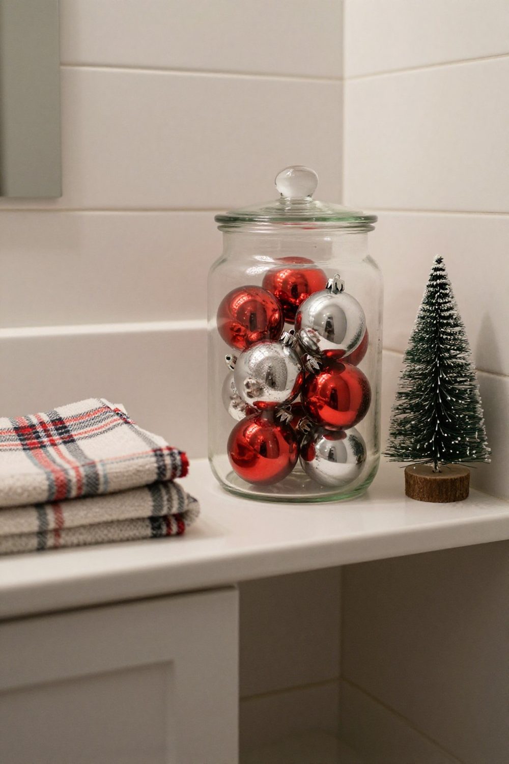 Glass jar filled with red and silver Christmas ornaments on a bathroom shelf