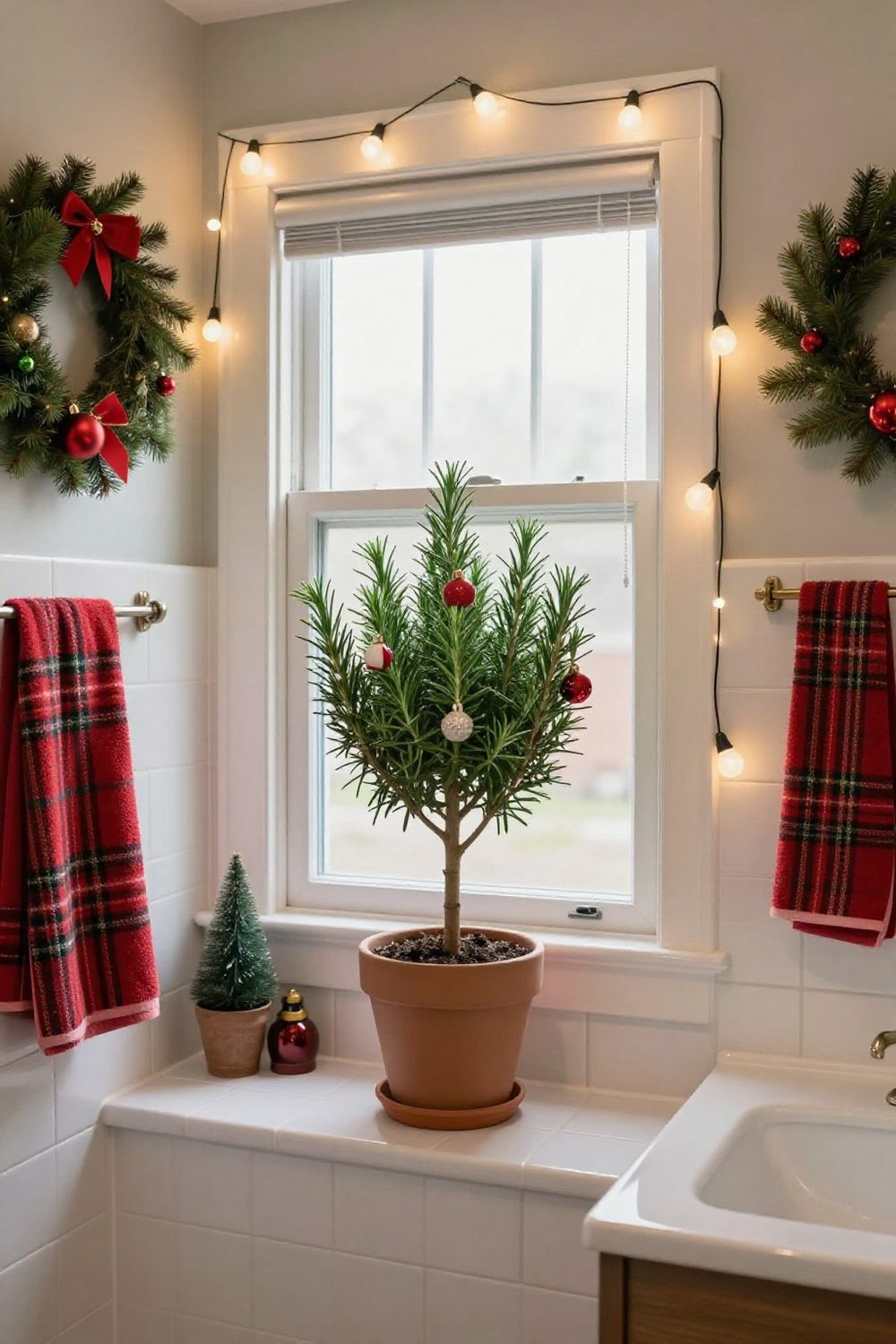 Small potted rosemary tree on a bathroom windowsill decorated with tiny ornaments