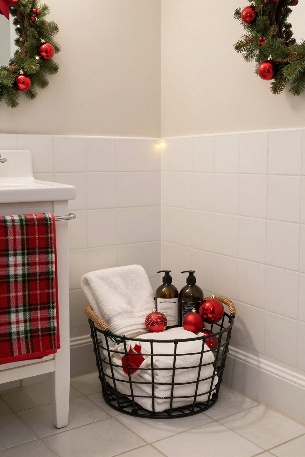 Guest bathroom basket with spare towels, toiletries and a small Christmas ornament