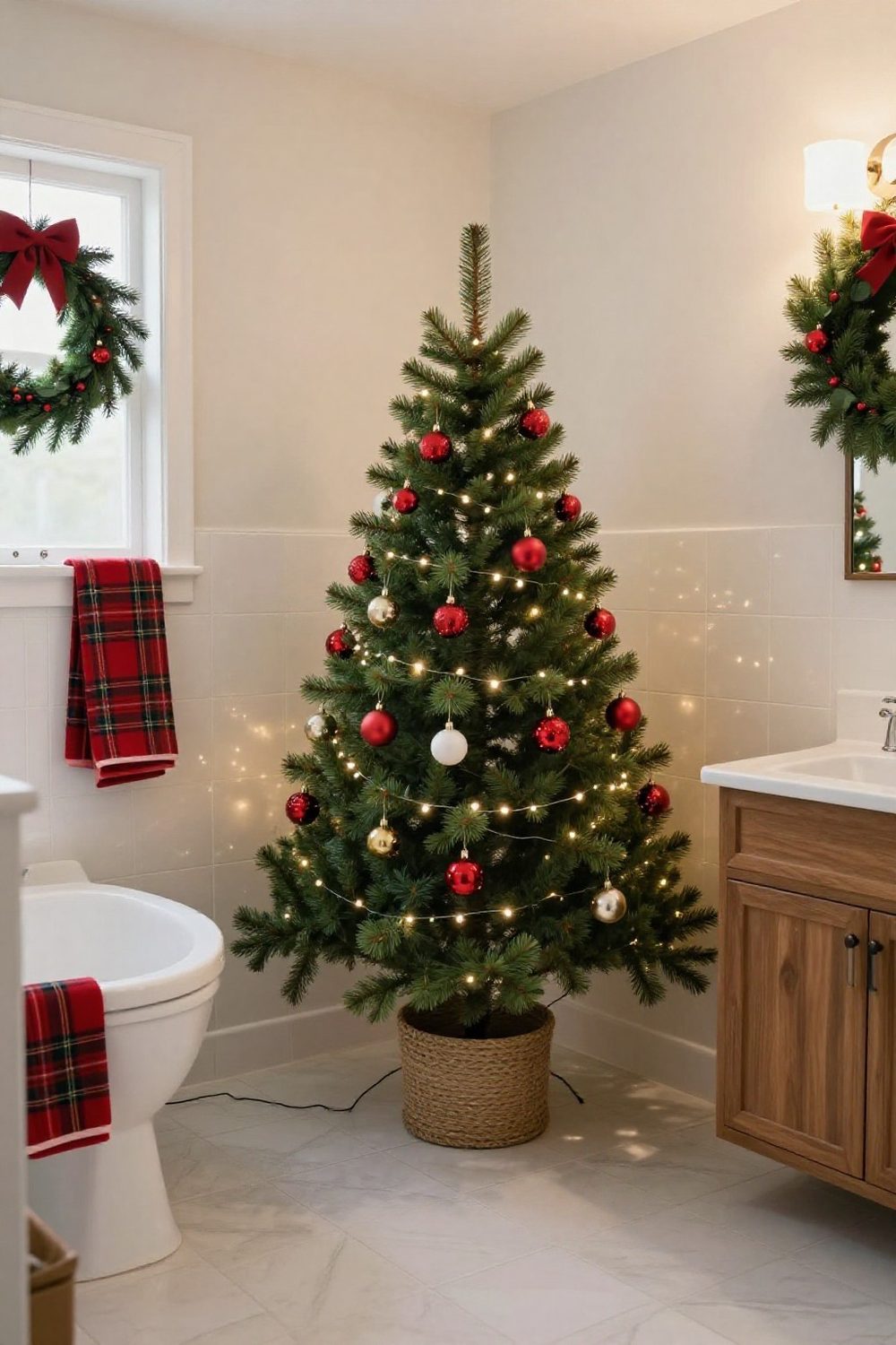 Small Christmas tree in a pot standing in the corner of a large bathroom