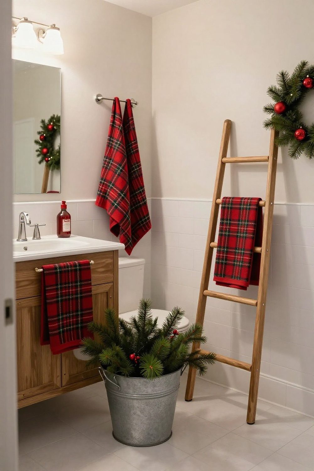 Farmhouse Christmas bathroom with a galvanized bucket of greenery, plaid towels and a wooden ladder