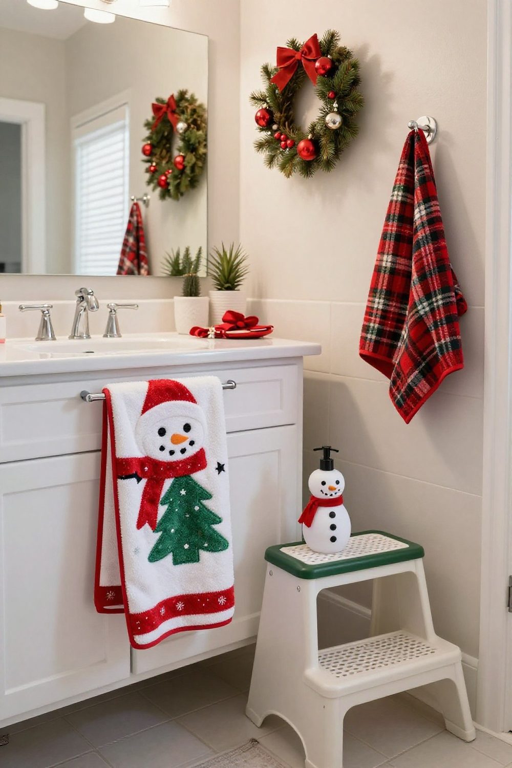 Kids bathroom with a playful Christmas towel, a snowman soap dispenser and a step stool