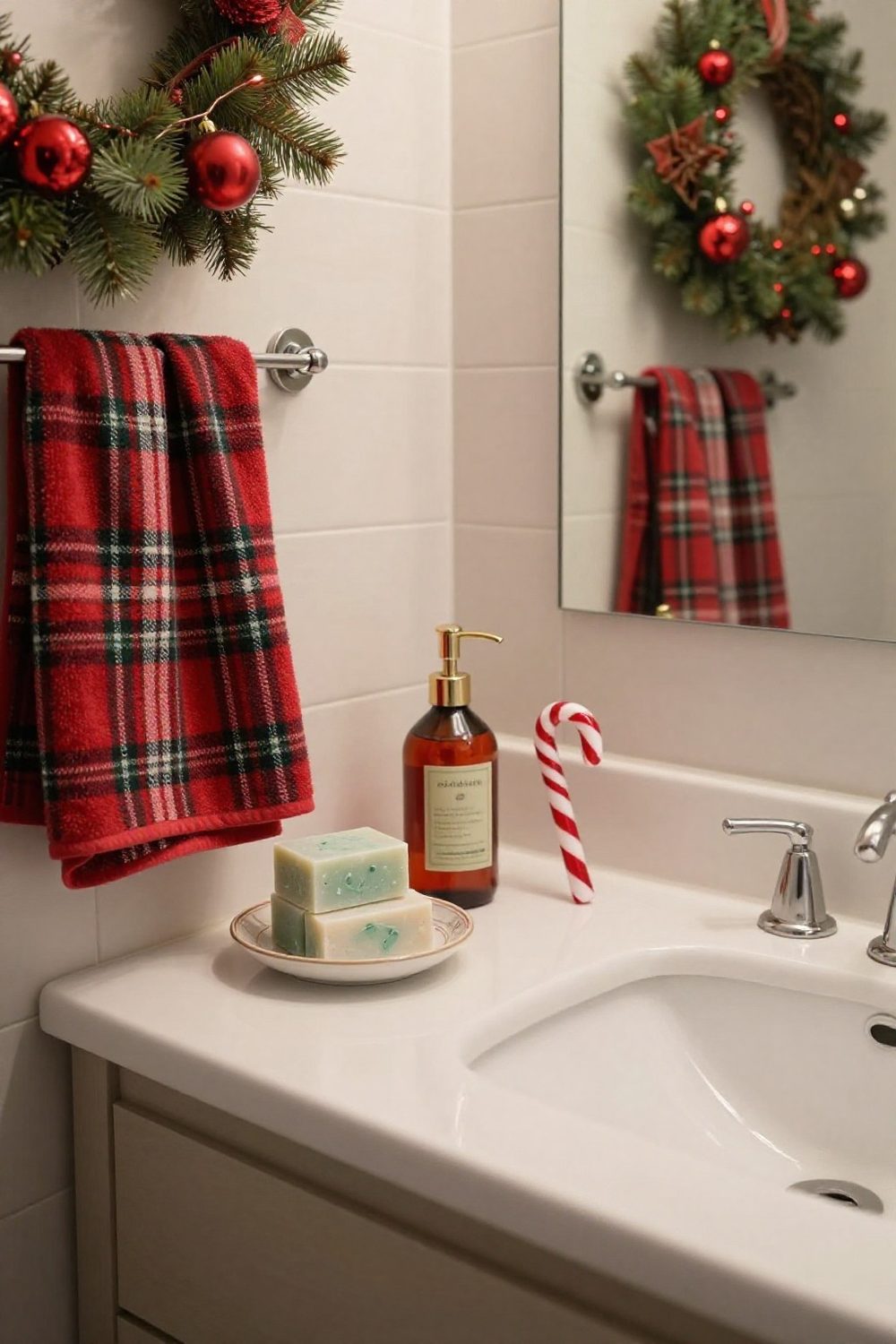 Small dish of peppermint soaps and a candy cane soap dispenser on a bathroom counter