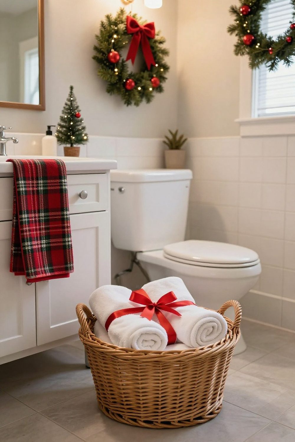 Wicker basket of rolled guest towels tied with red ribbon on a bathroom floor