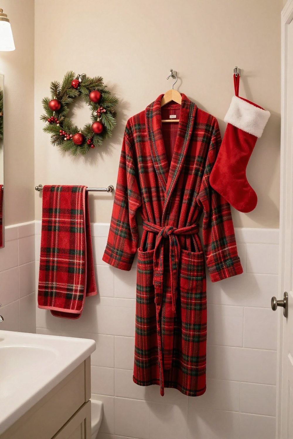 Bathroom wall hooks holding a plaid robe and a small Christmas stocking