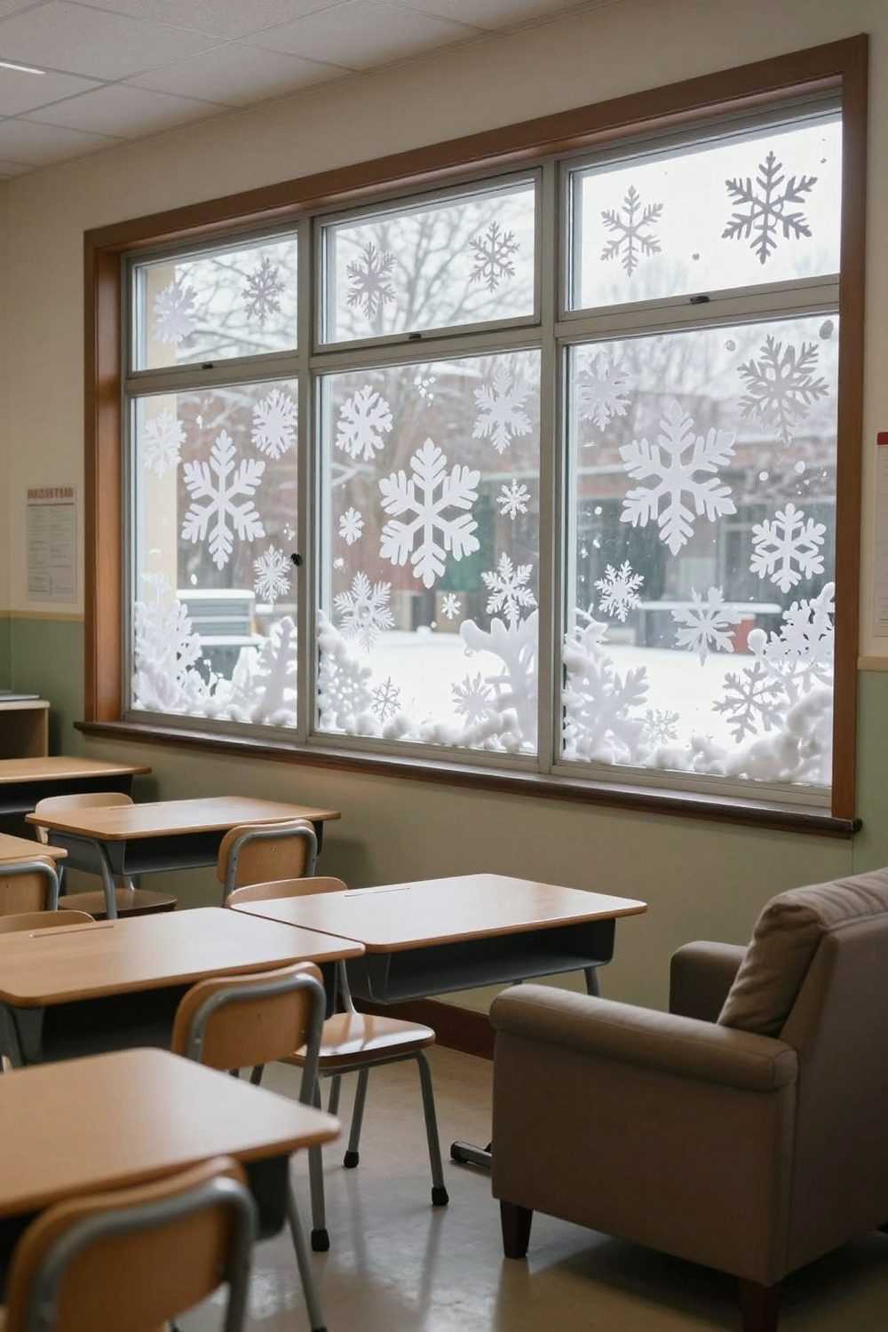 Classroom windows decorated with white paper snowflakes cut by students