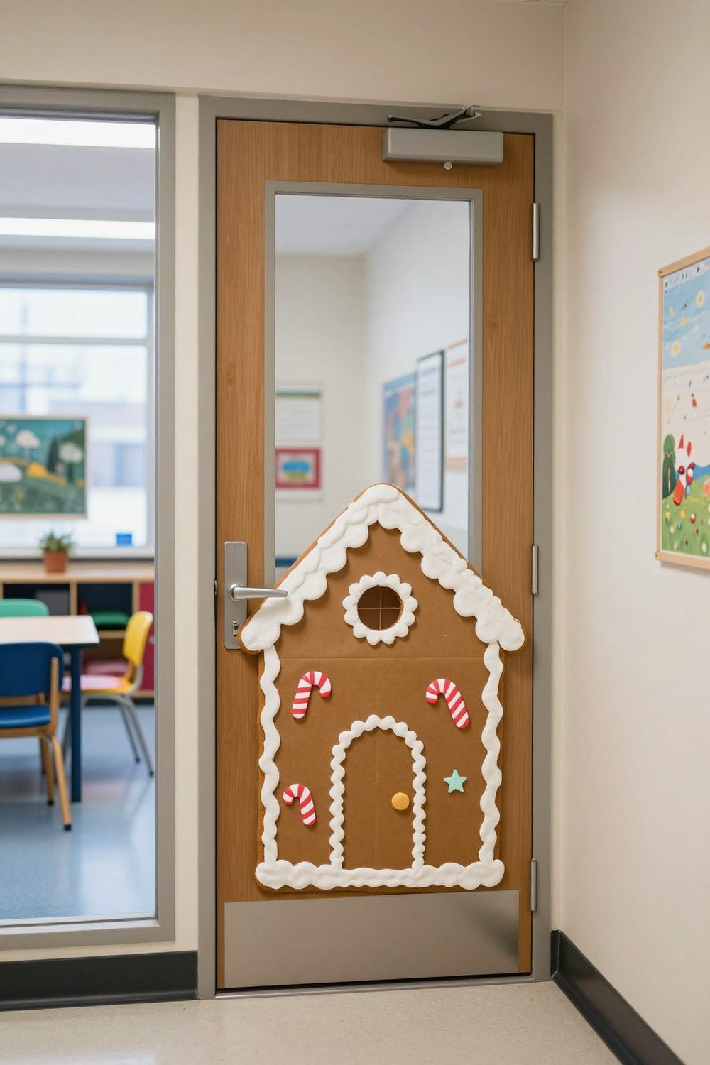 Classroom door decorated as a gingerbread house with paper candy trim, door window left clear