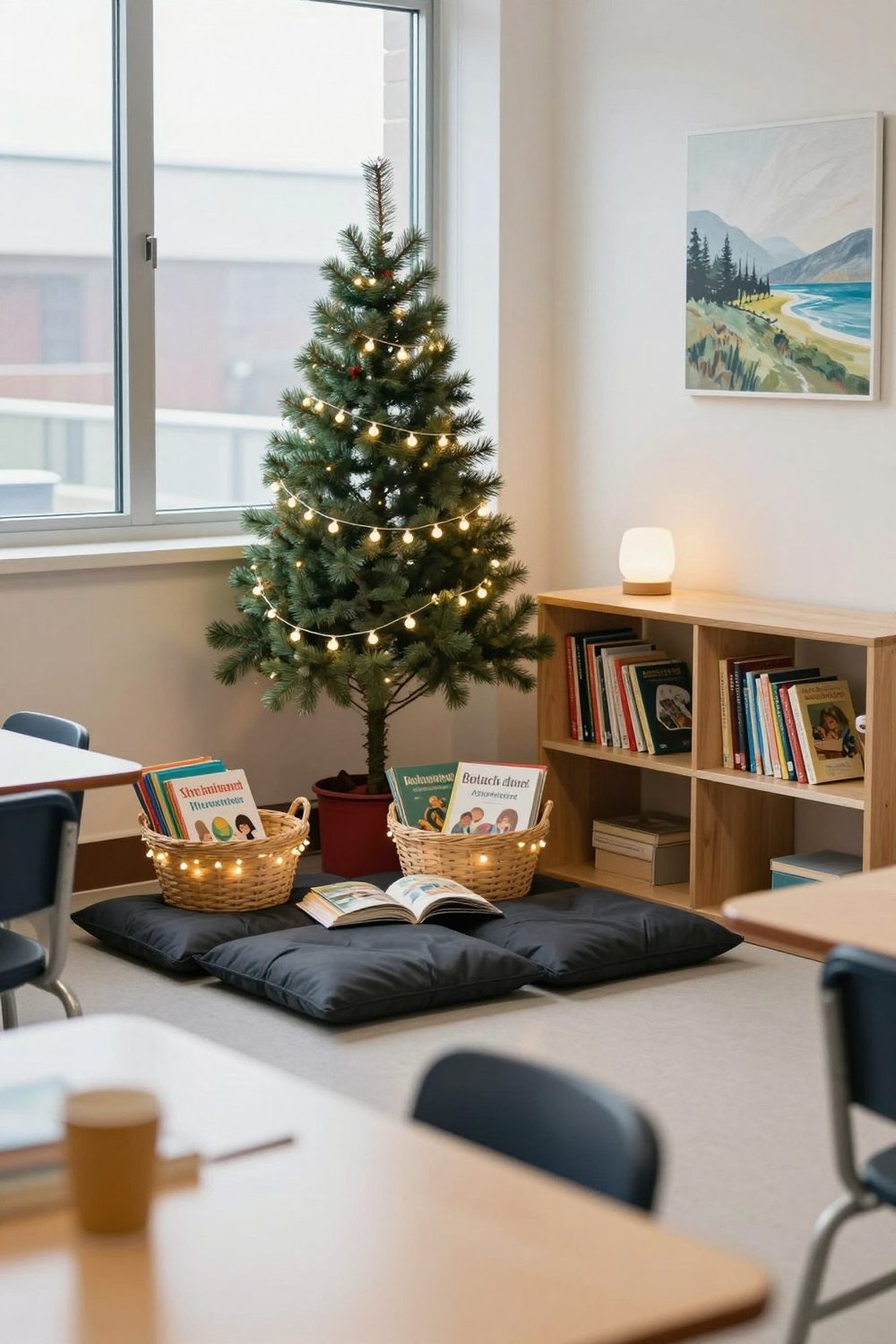 Cozy classroom reading corner with a small artificial tree, cushions and battery string lights
