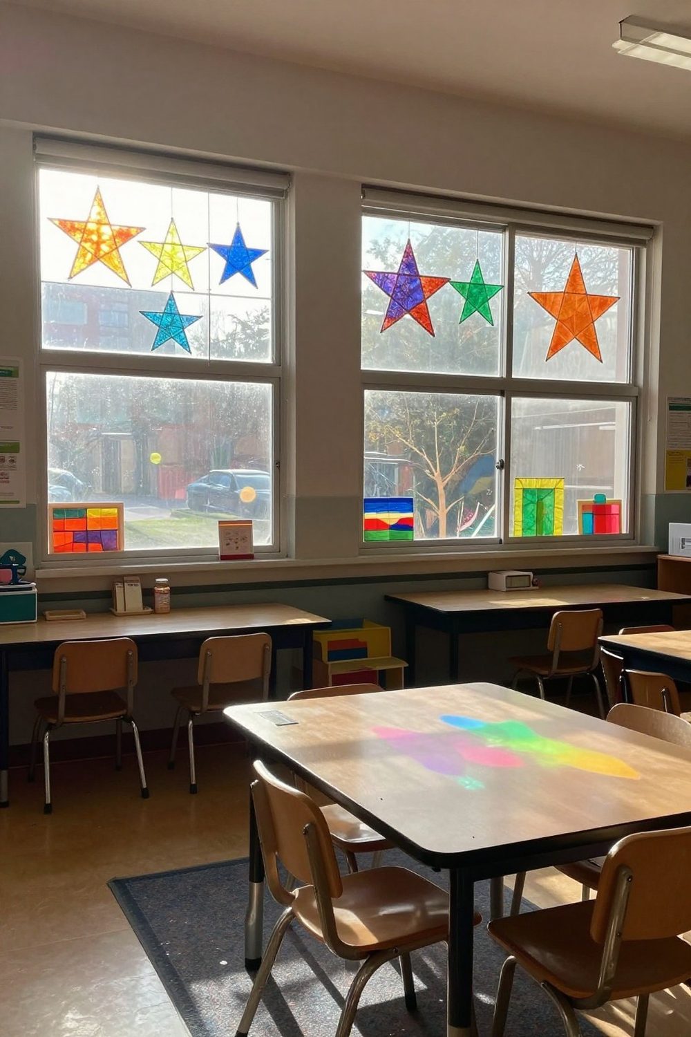 Classroom window with colorful tissue paper stained glass stars catching sunlight