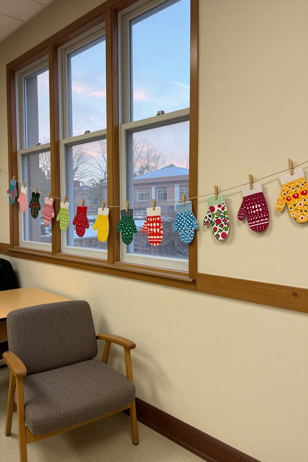 Mitten-shaped paper cutouts hanging from a clothesline with clothespins across a classroom wall