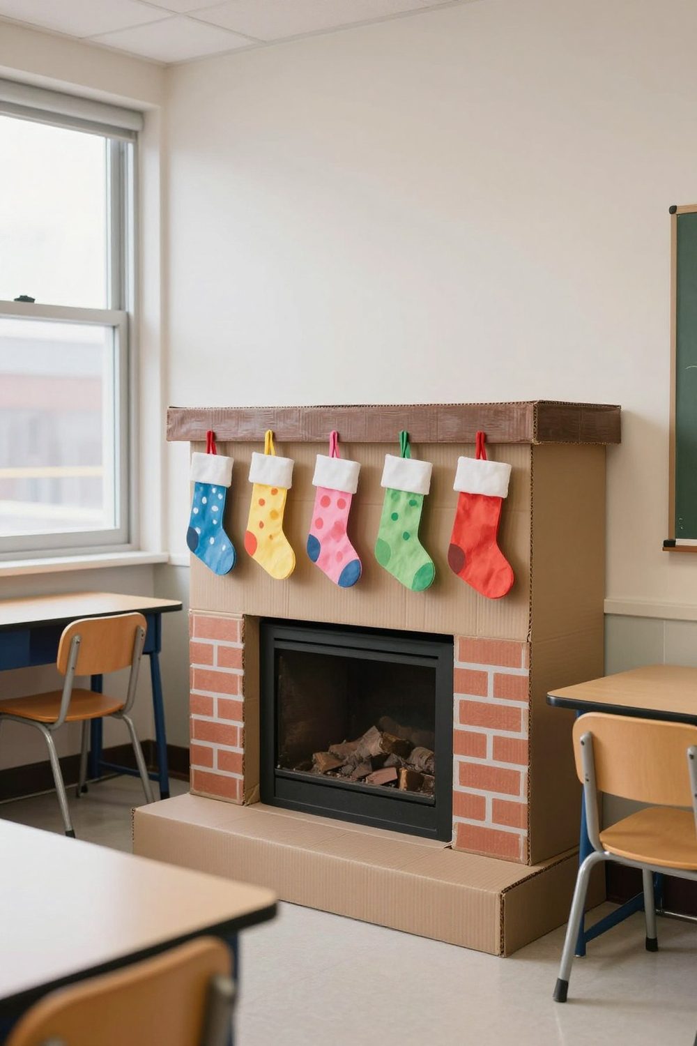 Cardboard fireplace in a classroom with a paper stocking for each student