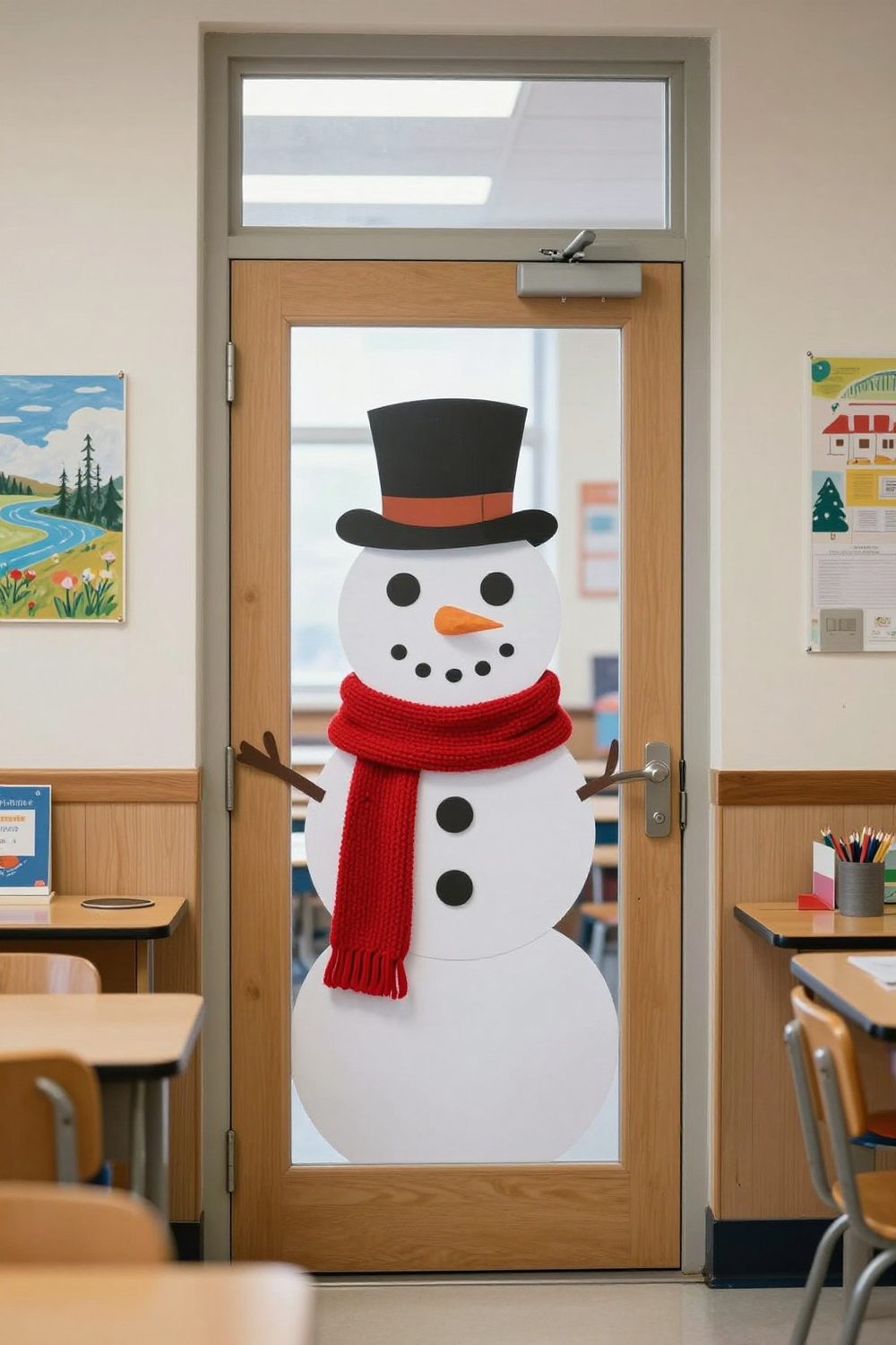 Classroom door decorated as a snowman with a paper scarf and hat