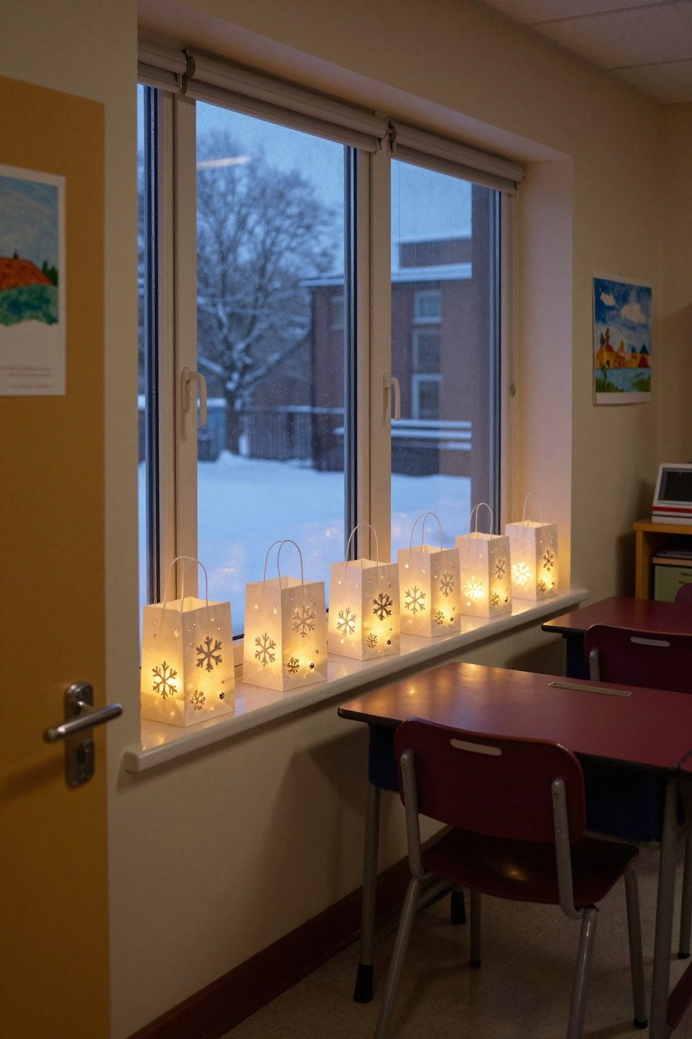 Paper bag luminaries with battery tea lights glowing along a classroom windowsill