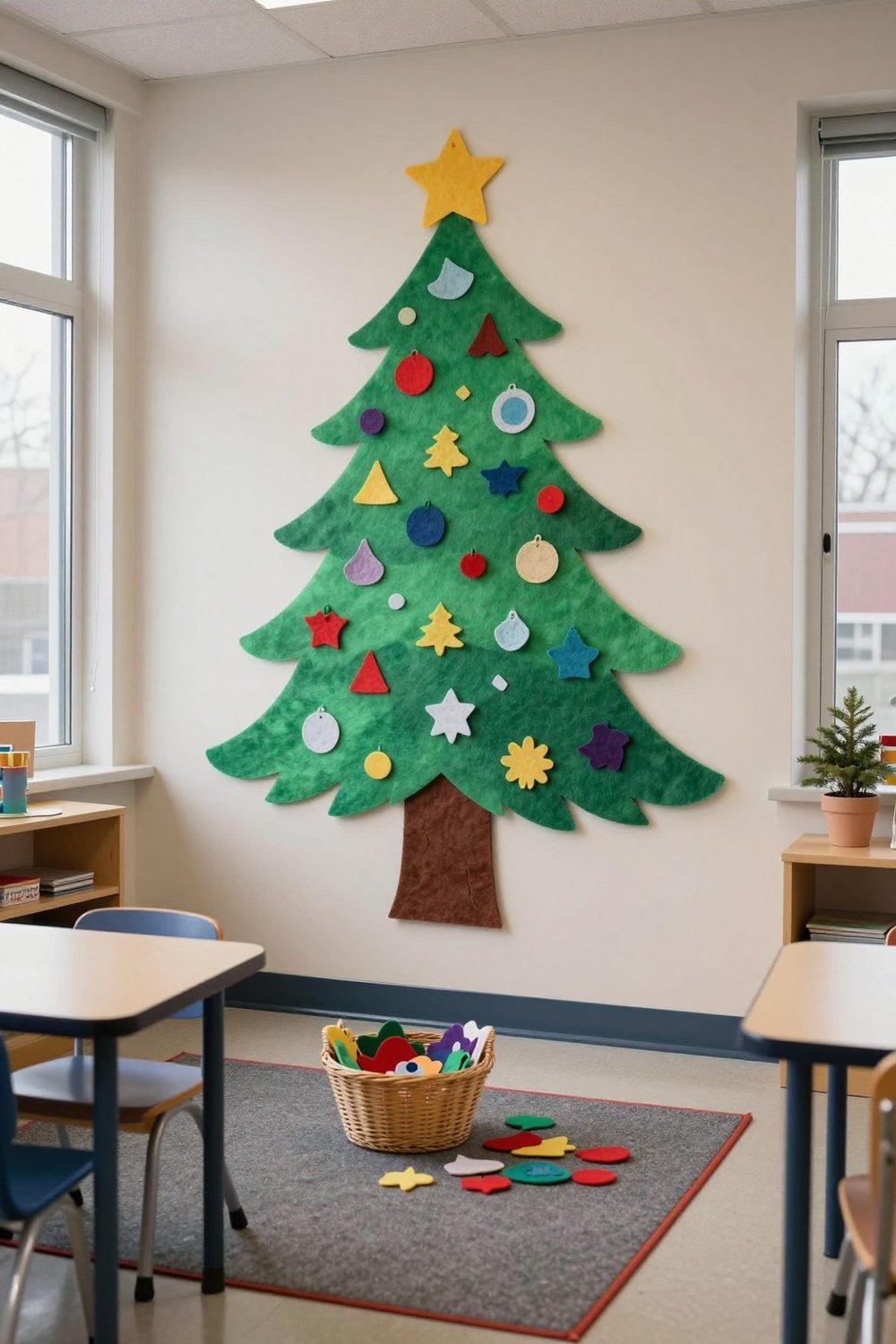 Felt Christmas tree on a classroom wall with removable felt ornaments for young students