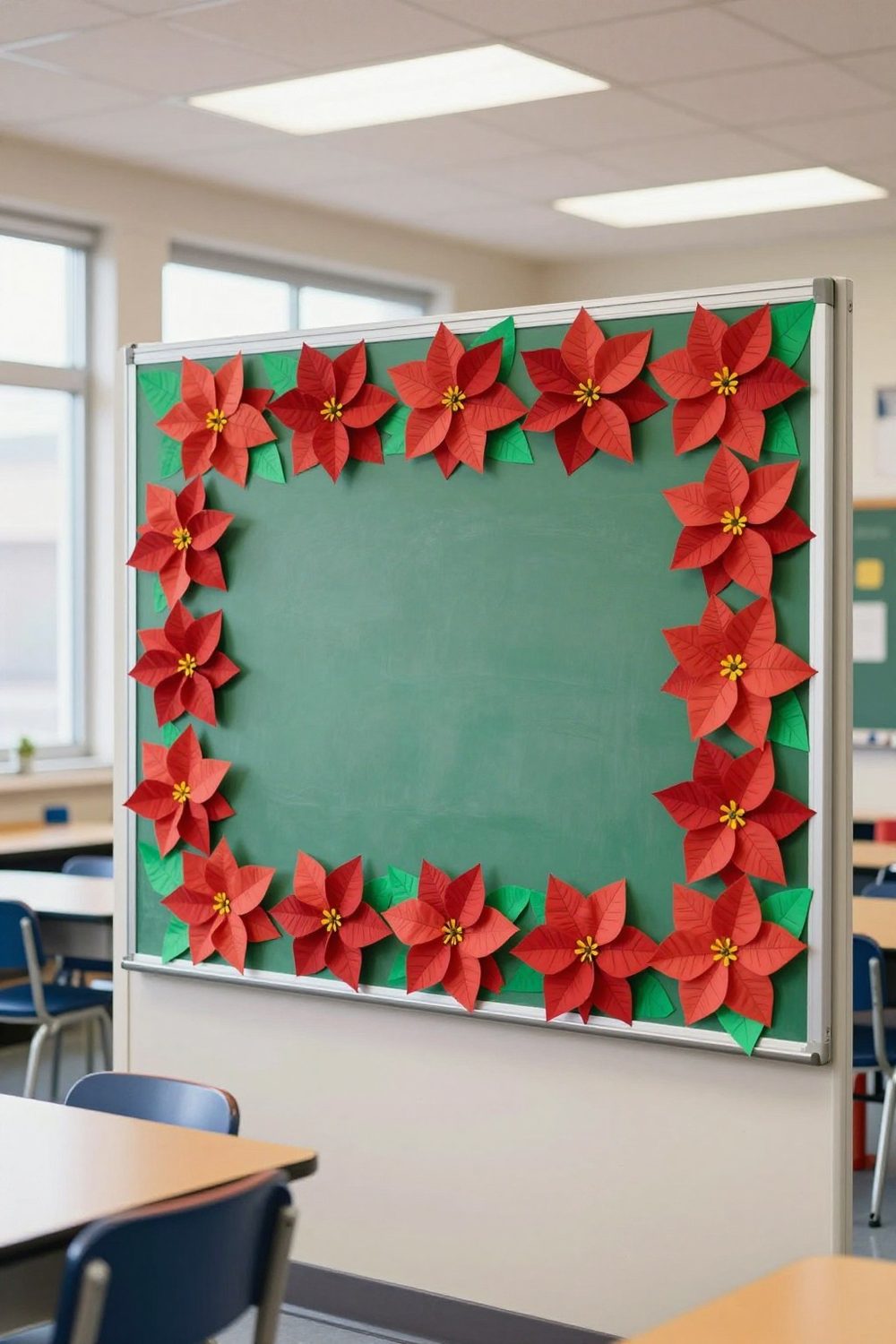 Red paper poinsettia flowers made by students arranged on a classroom bulletin board