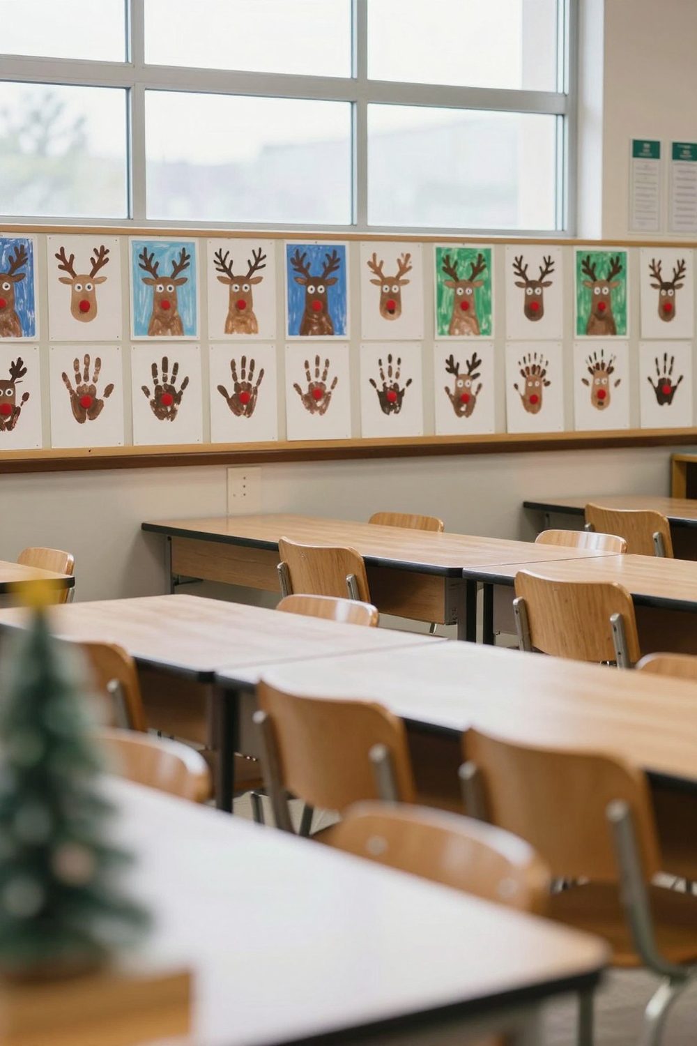 Reindeer made from student handprints in brown paint on paper, displayed in a classroom