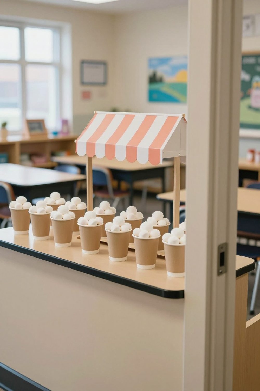 Pretend hot cocoa station on a classroom counter with paper cups and marshmallow pom-poms