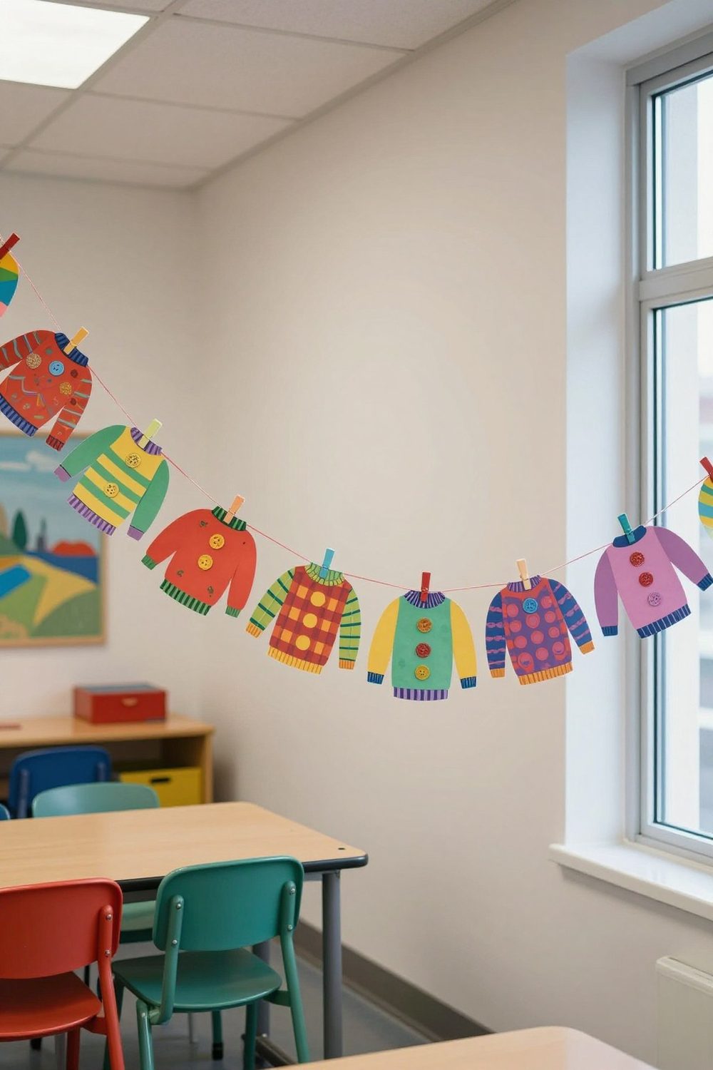 Paper sweater cutouts decorated by students hung as a garland in a classroom