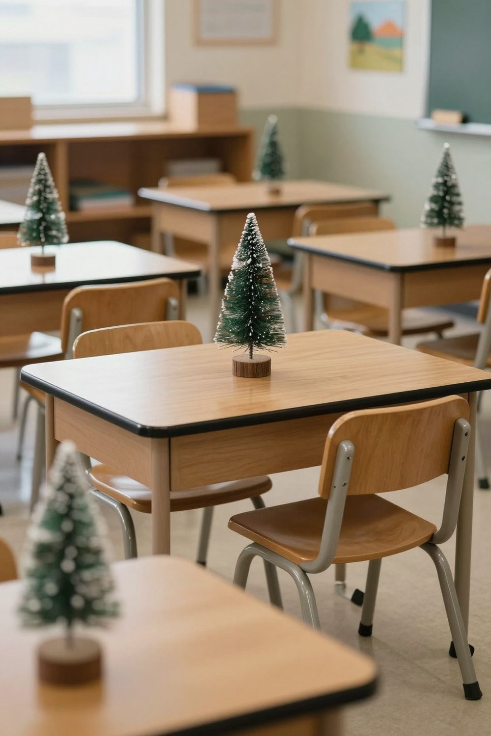 Small tabletop Christmas trees on student desk groups in a classroom