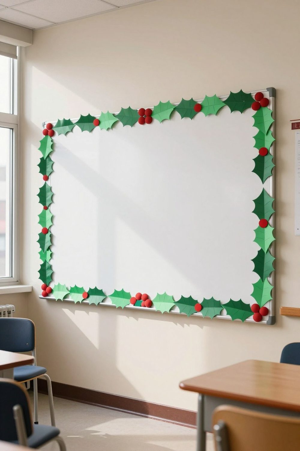 Classroom whiteboard framed with a garland of paper holly leaves and red berries
