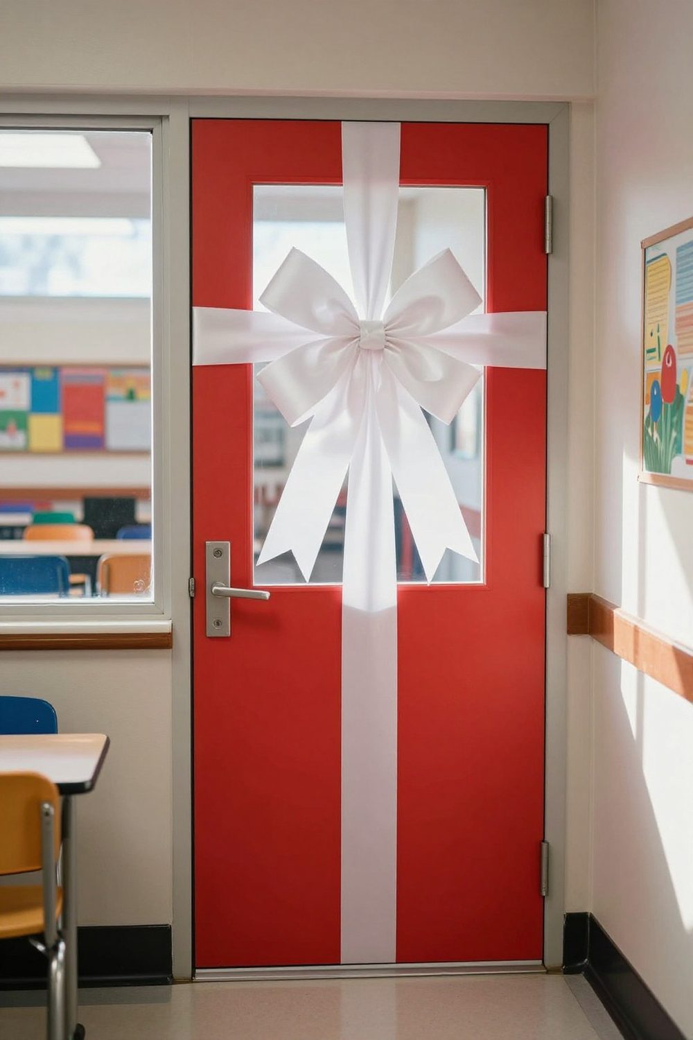 Classroom door wrapped like a present with red paper and a big ribbon bow, door window clear