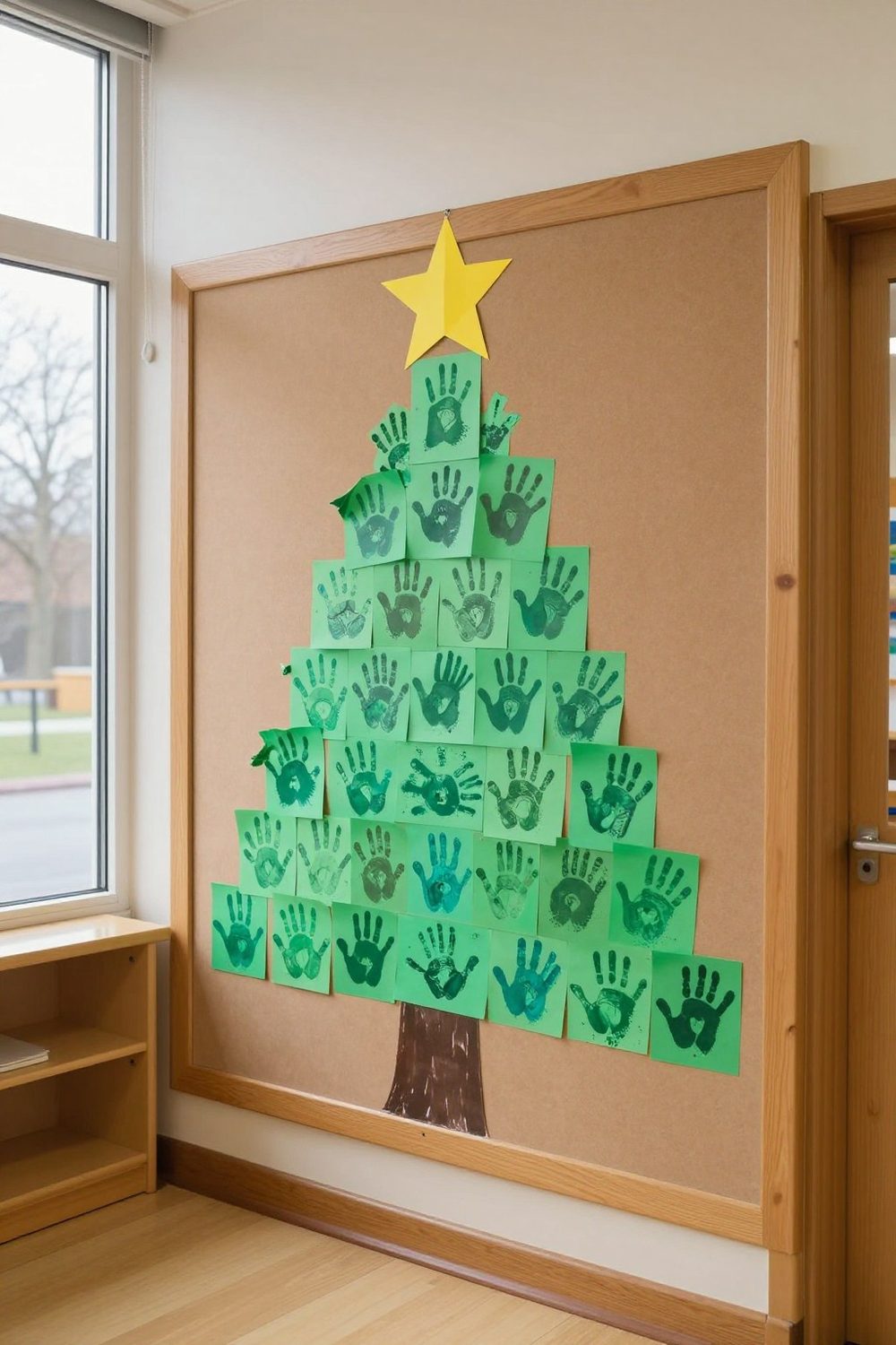 Classroom hallway bulletin board with a paper Christmas tree made of student handprints