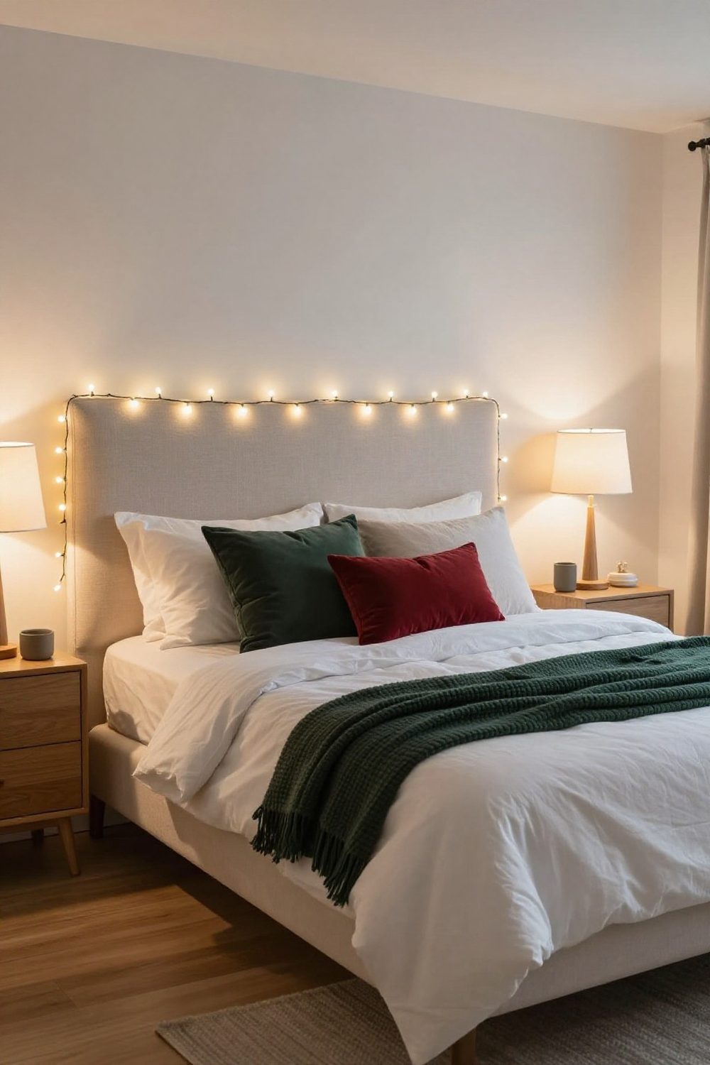 Warm white fairy lights draped along an upholstered headboard in a cozy Christmas bedroom