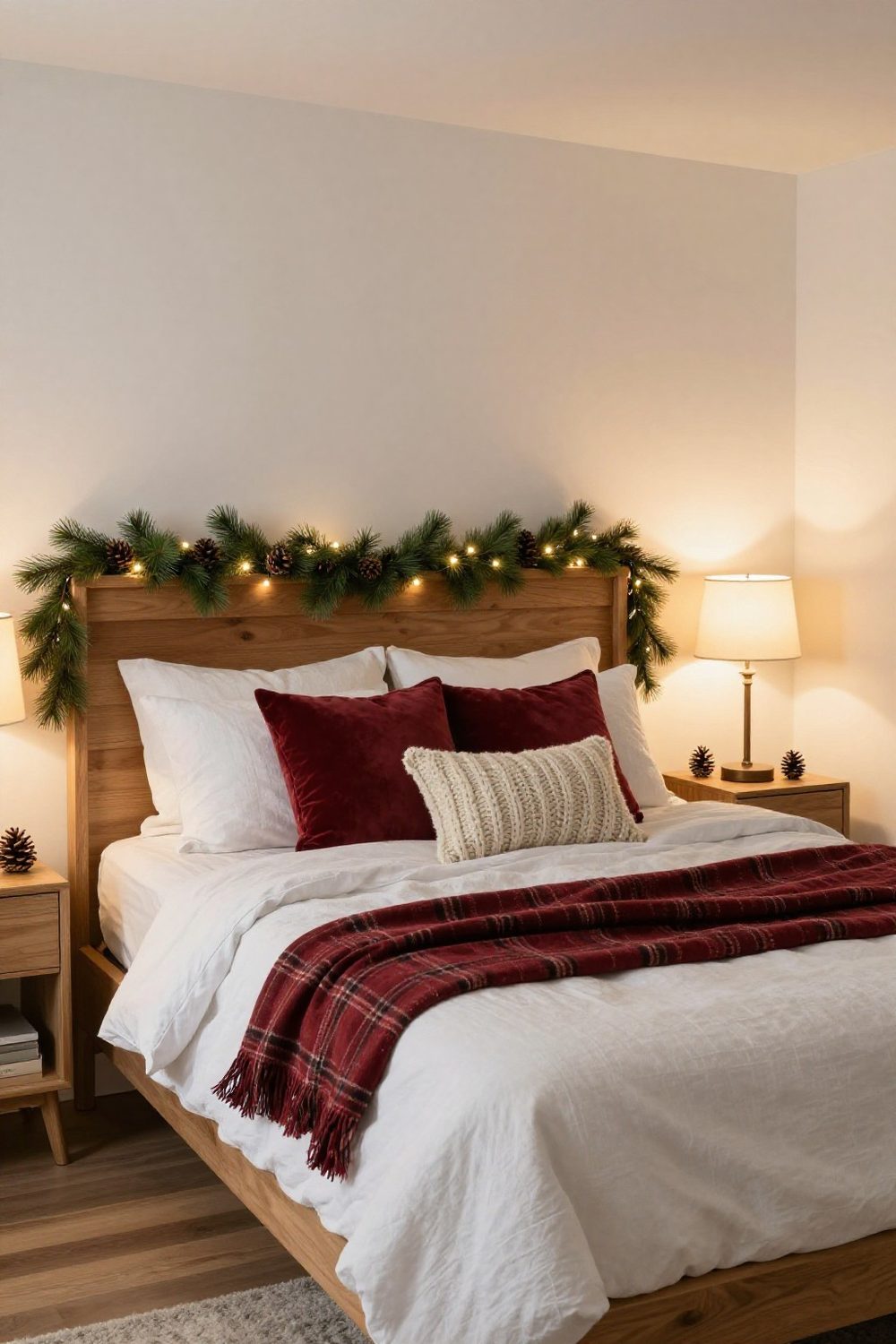 Faux cedar garland draped across the top of a wooden headboard with small pinecones