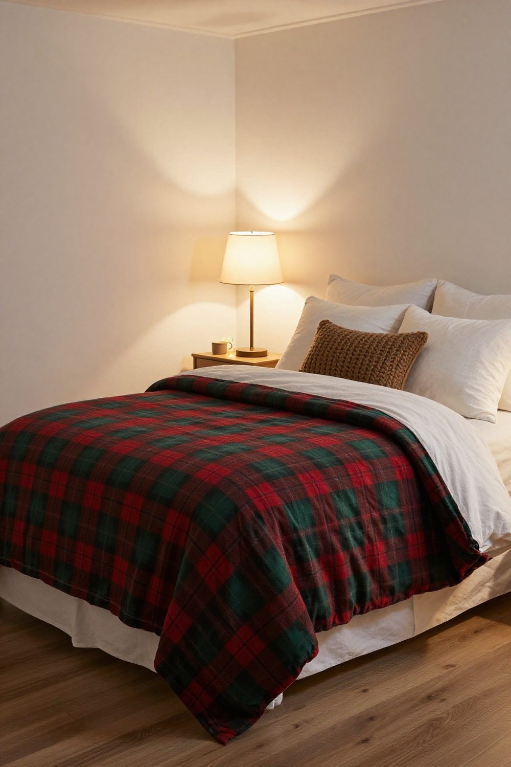 Bed made with red and green plaid flannel duvet cover and white sheets